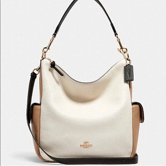 Coach Handbags - COACH Leather PENNIE Shoulder Crossbody Bag Colorblock Chalk/Taupe Black Trim